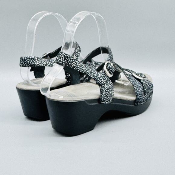 Dansko Sandals Womens EU 38 US 8 Black White Strappy Wedge Shoes Buckle Leather - Picture 9 of 13